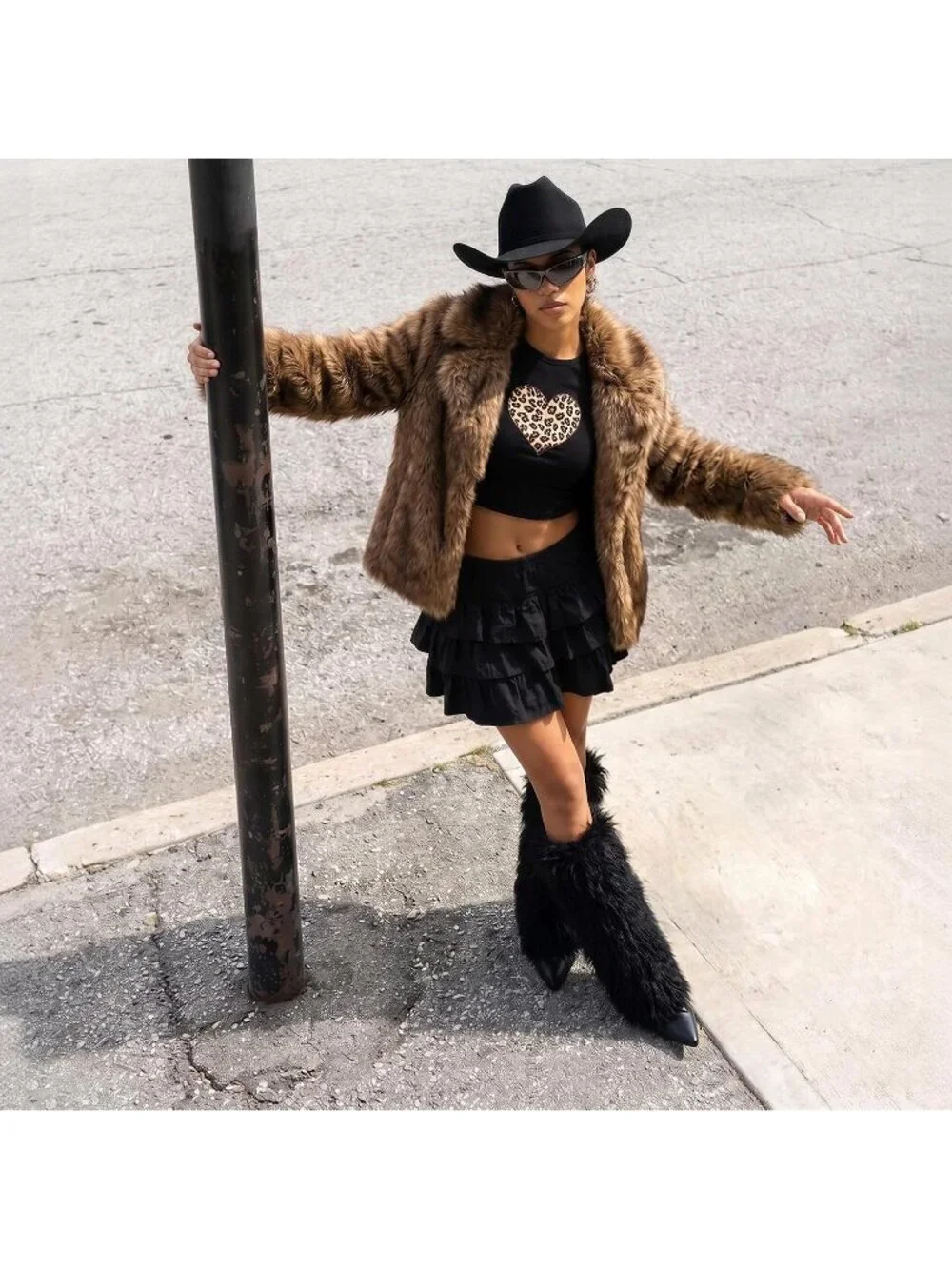 Women's Black Fur Stylish Fashion Pointed Toe Side Zipper Fold Over Tall Boots
